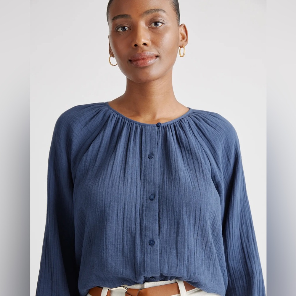 Quince 100% Organic Cotton Gauze Peasant Blouse; White; Medium - Picture 6 of 10